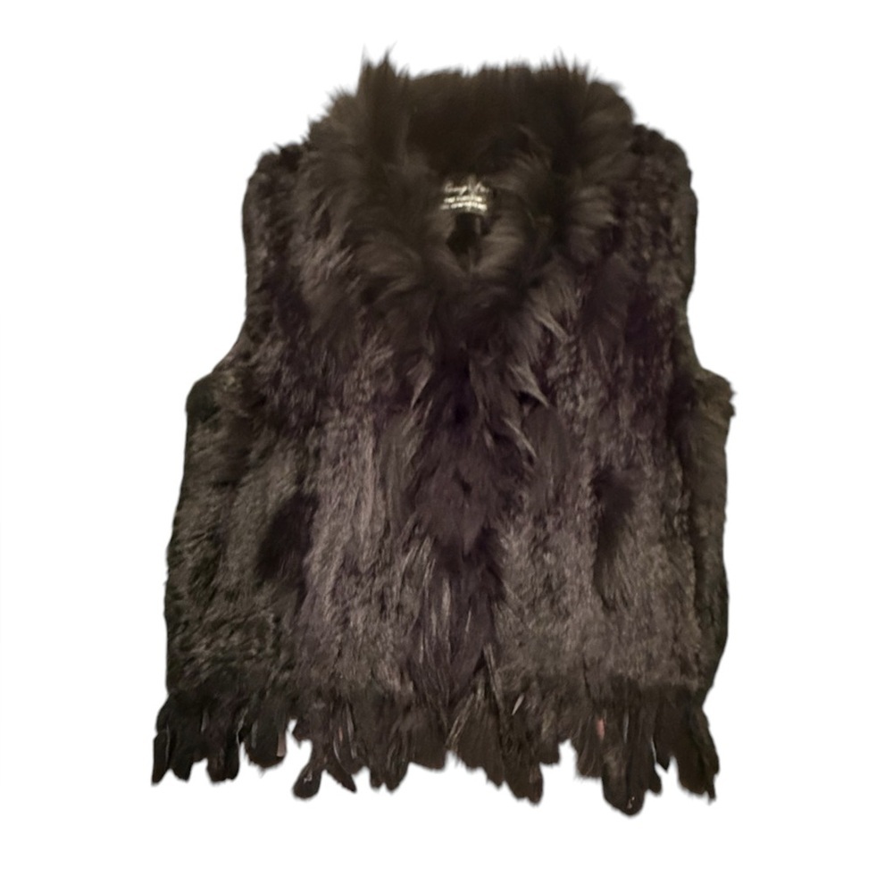 Black Faux Fur Vest with Feathered Trim - Women